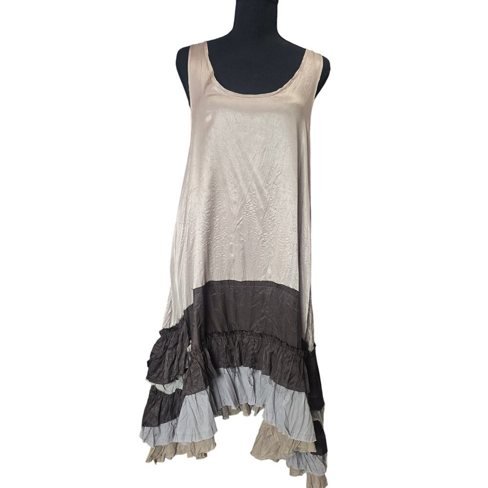 Ryu Brown Satin Bohemian Ruffled Midi Tank Dress Sz M